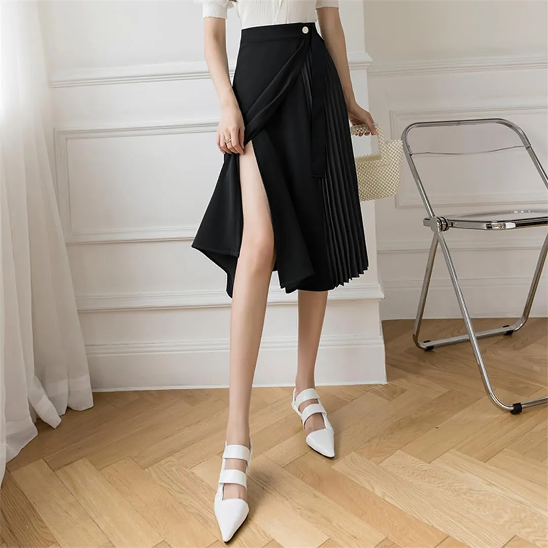 Spring Summer One-Piece Pleated A-Line Skirts Women Simple High Waist Midi Skirt Vintage Elegant Skirts