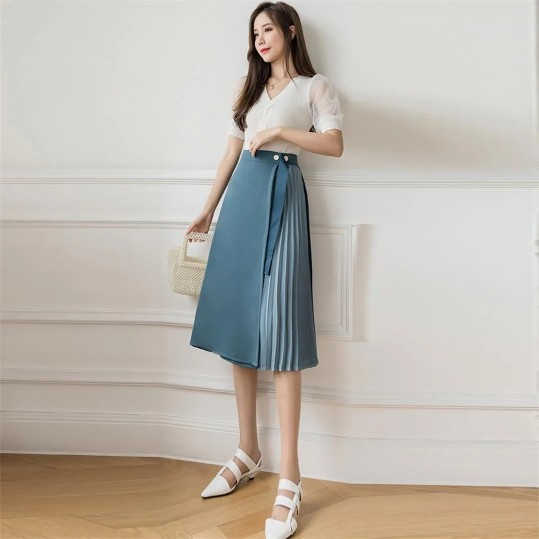 Spring Summer One-Piece Pleated A-Line Skirts Women Simple High Waist Midi Skirt Vintage Elegant Skirts