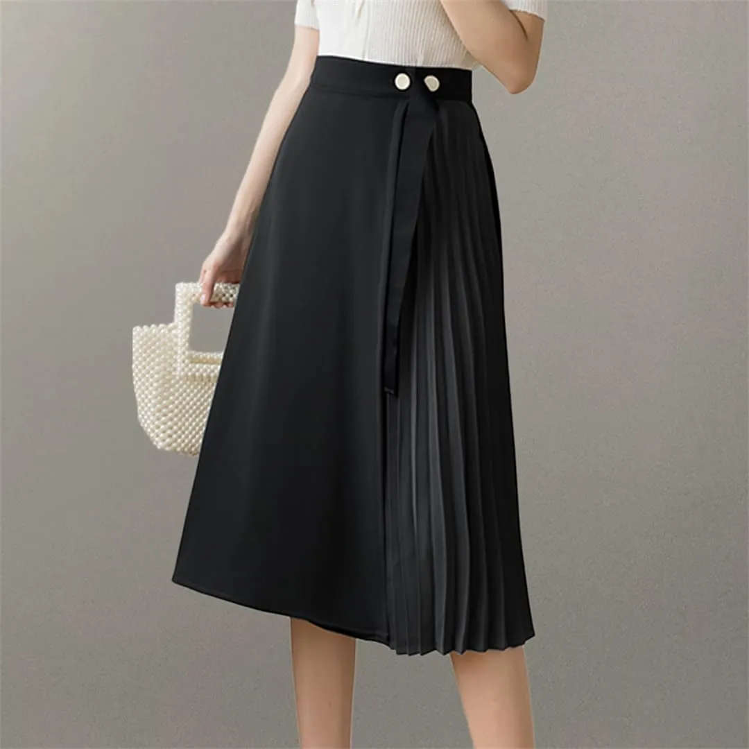 Spring Summer One-Piece Pleated A-Line Skirts Women Simple High Waist Midi Skirt Vintage Elegant Skirts