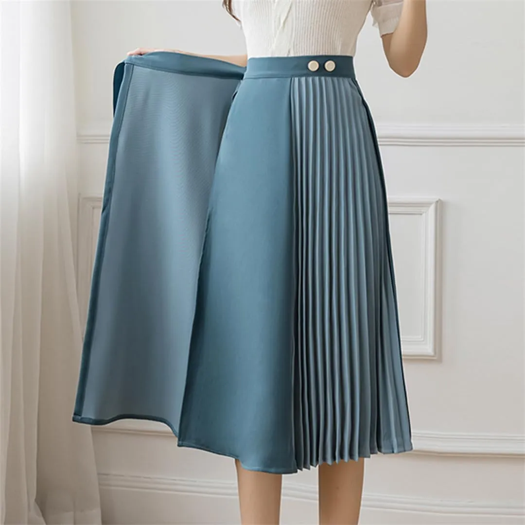 Spring Summer One-Piece Pleated A-Line Skirts Women Simple High Waist Midi Skirt Vintage Elegant Skirts