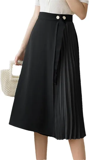Spring Summer One-Piece Pleated A-Line Skirts Women Simple High Waist Midi Skirt Vintage Elegant Skirts