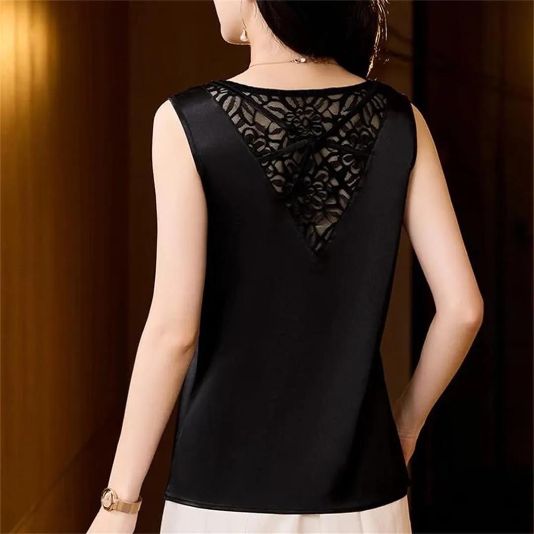 Spring Summer Women Tank Tops V Neck Lace Patchwork Mesh Vest Shirt Casual Camisole
