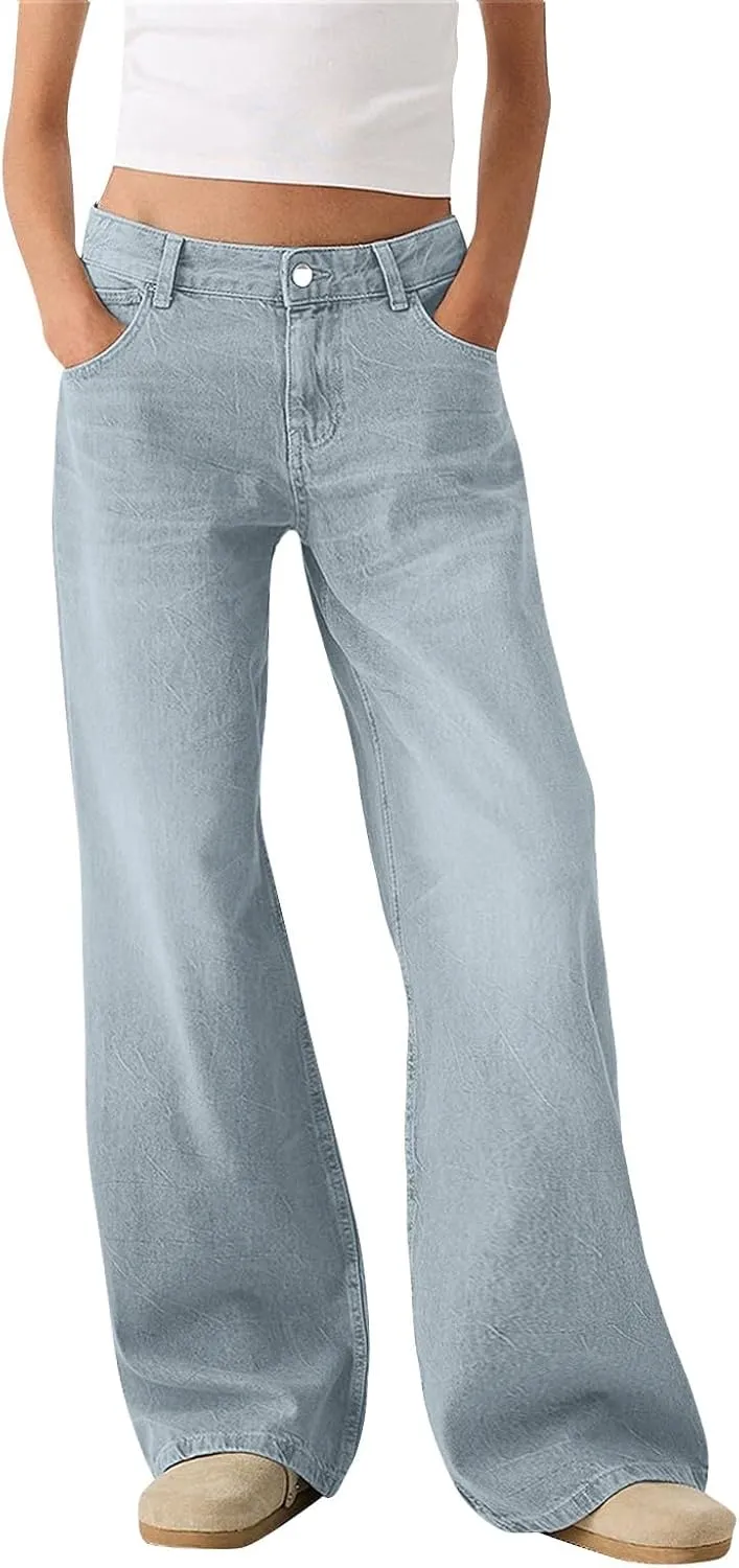 Straight Leg Jeans for Women,Trendy Retro High Waisted Wide Leg Stretch Boyfriend Denim Pants