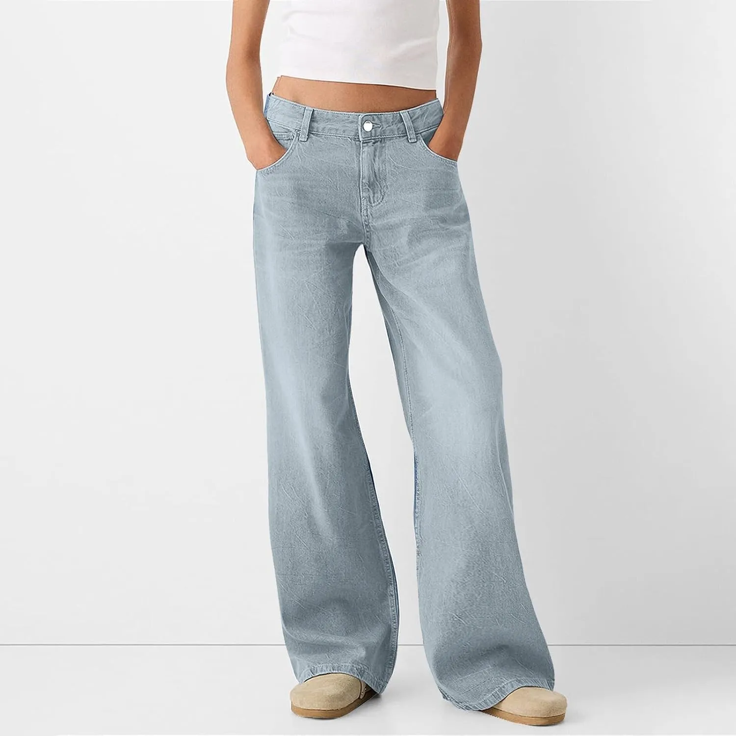 Straight Leg Jeans for Women,Trendy Retro High Waisted Wide Leg Stretch Boyfriend Denim Pants
