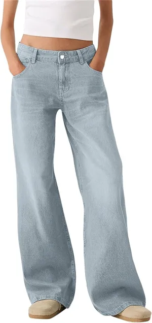 Straight Leg Jeans for Women,Trendy Retro High Waisted Wide Leg Stretch Boyfriend Denim Pants