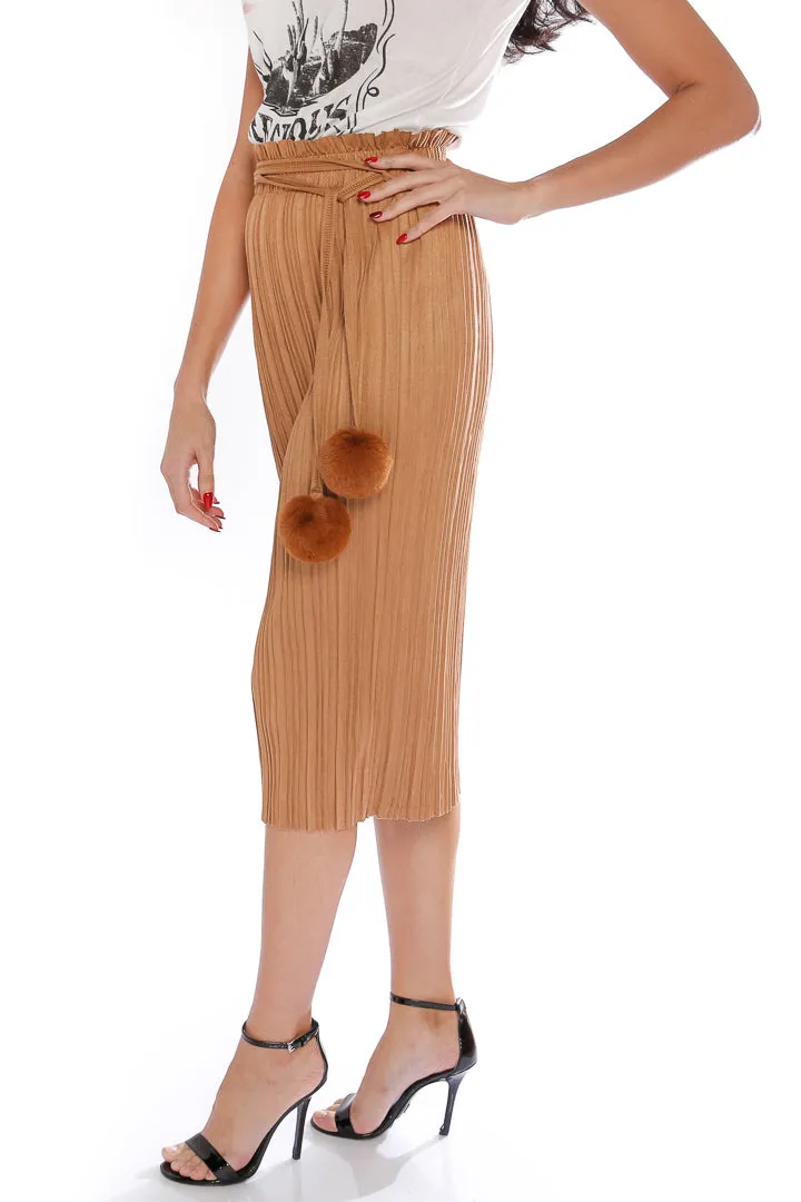 Straight Pleated Skirt with Tassel Belt