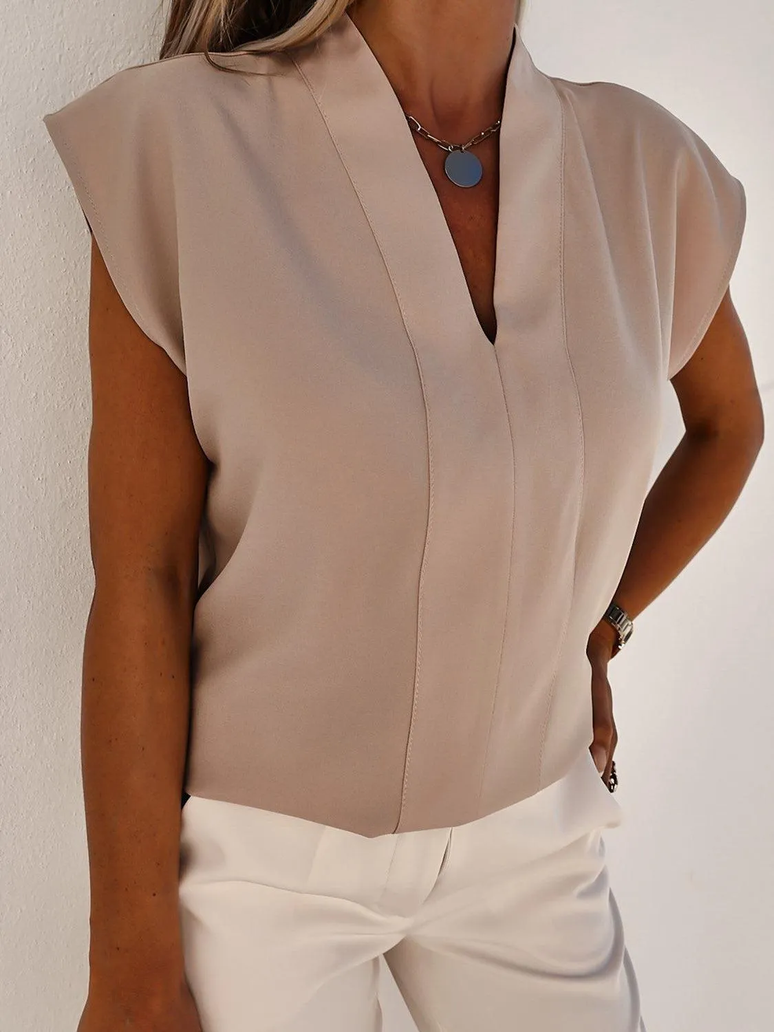 Stylish Every Wear V-Neck Cap Sleeve Blouse