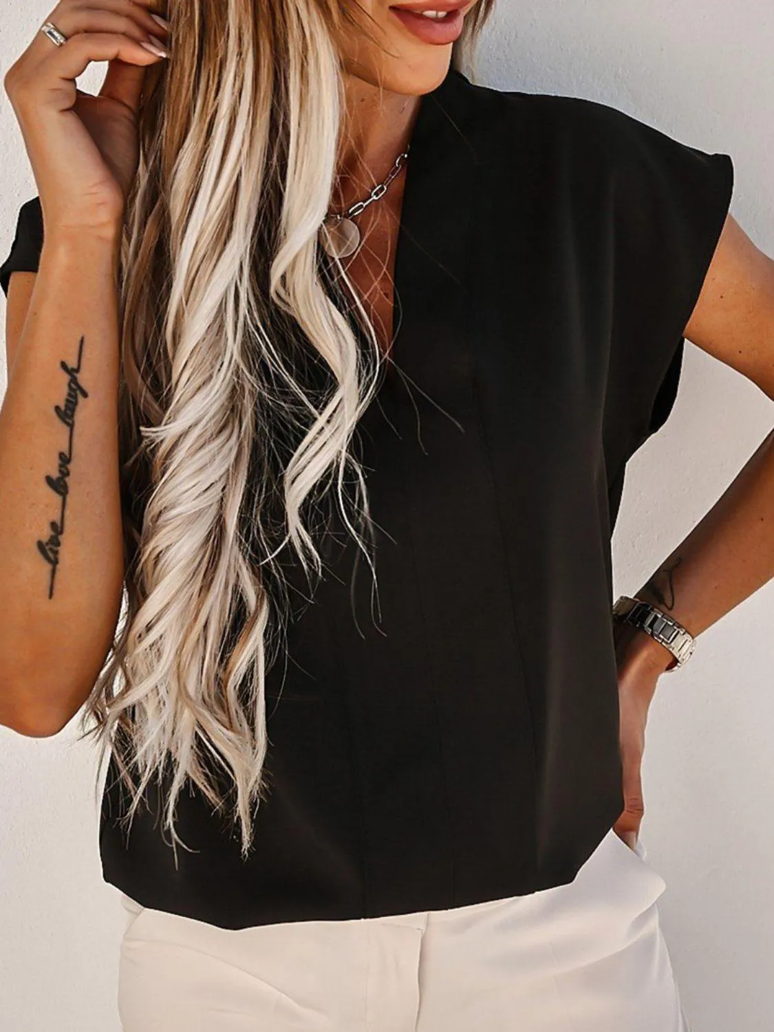 Stylish Every Wear V-Neck Cap Sleeve Blouse