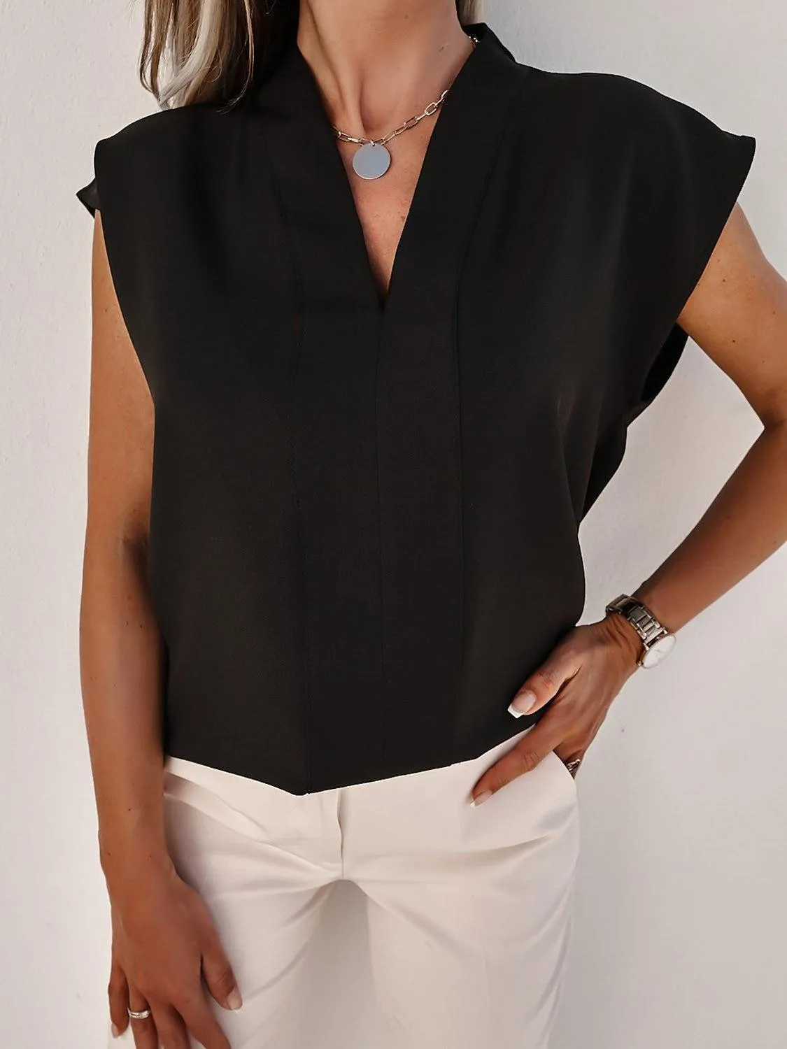 Stylish Every Wear V-Neck Cap Sleeve Blouse