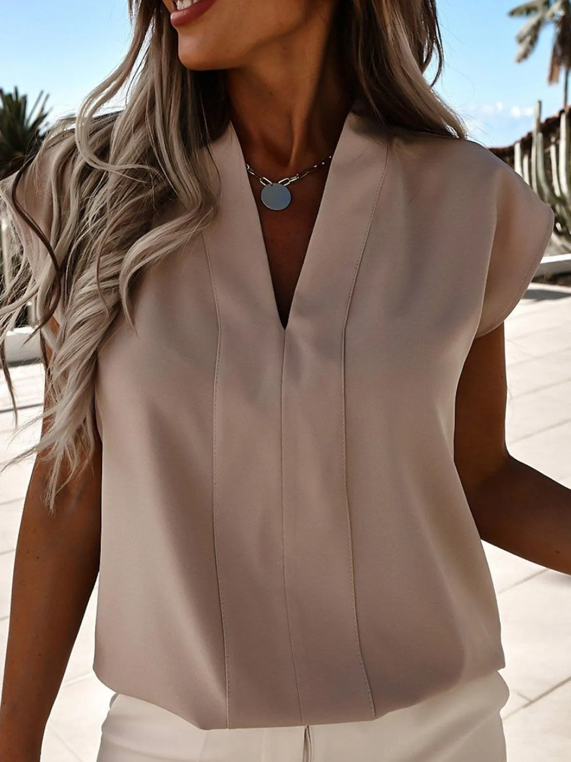 Stylish Every Wear V-Neck Cap Sleeve Blouse