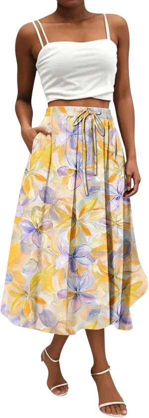 Summer Skirt for Women 2025 Elastic Waist Drawstring Floral Pattern A-Line Skirts with Pockets Elegant Skirt