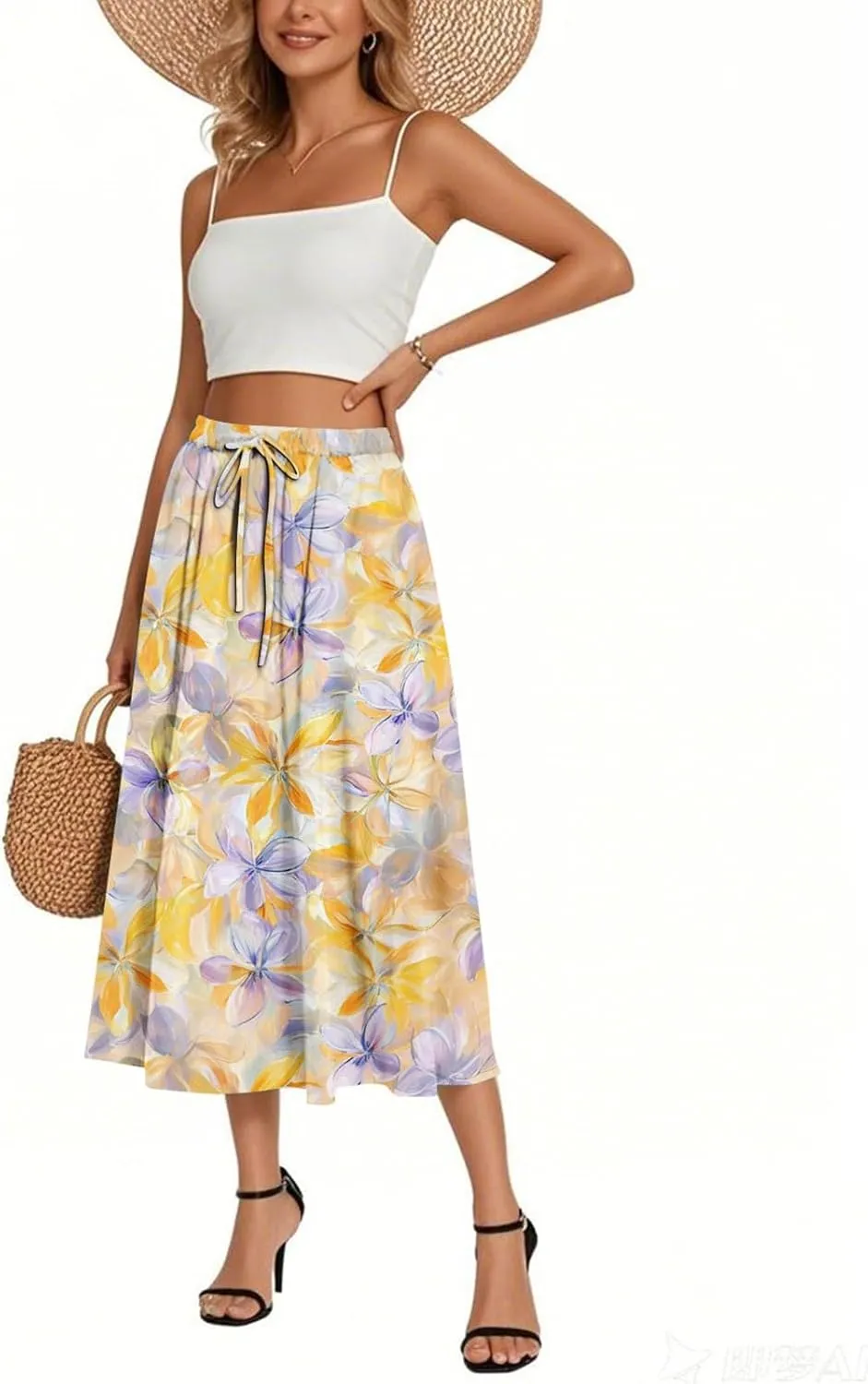 Summer Skirt for Women 2025 Elastic Waist Drawstring Floral Pattern A-Line Skirts with Pockets Elegant Skirt