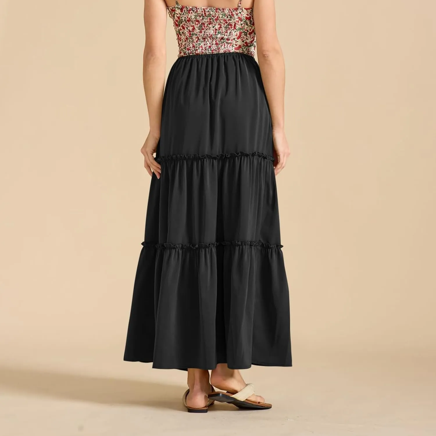 Summer Skirts for Women Elegant Smocked Layered Tiered Maxi Skirt Flowy High Waisted A Line Long Dress