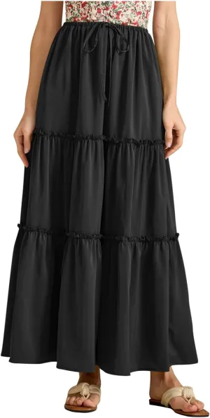 Summer Skirts for Women Elegant Smocked Layered Tiered Maxi Skirt Flowy High Waisted A Line Long Dress