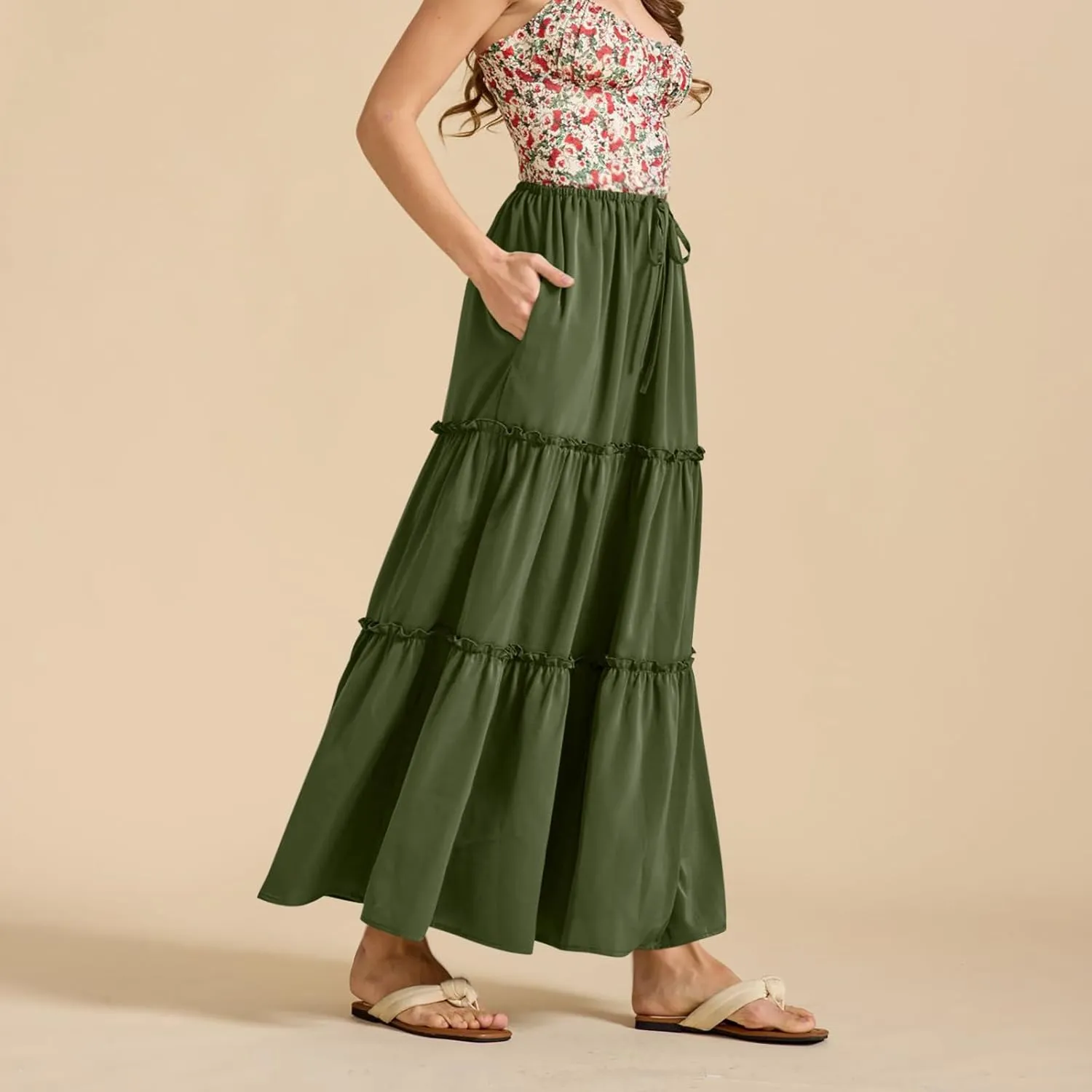 Summer Skirts for Women Elegant Smocked Layered Tiered Maxi Skirt Flowy High Waisted A Line Long Dress