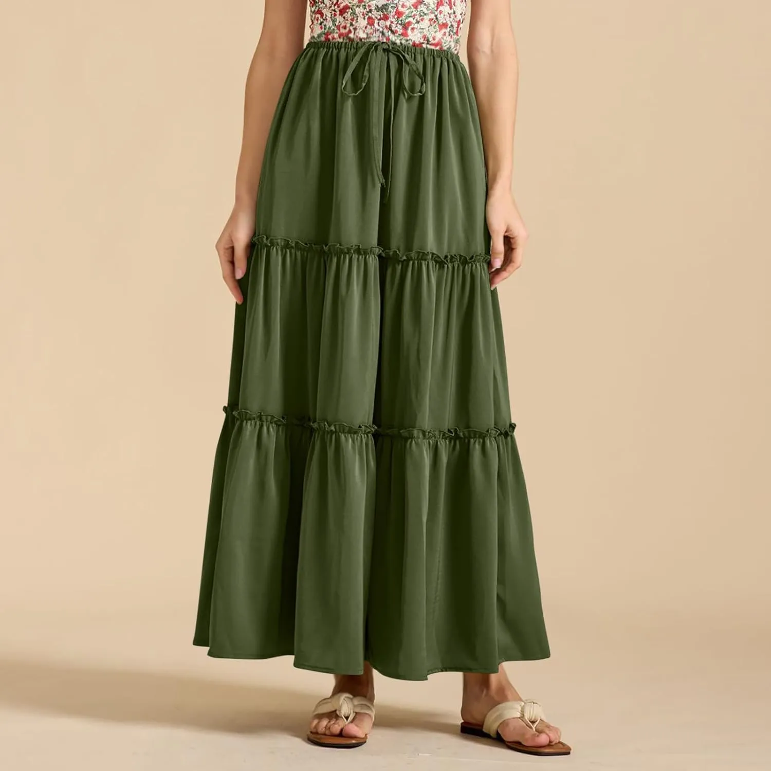 Summer Skirts for Women Elegant Smocked Layered Tiered Maxi Skirt Flowy High Waisted A Line Long Dress