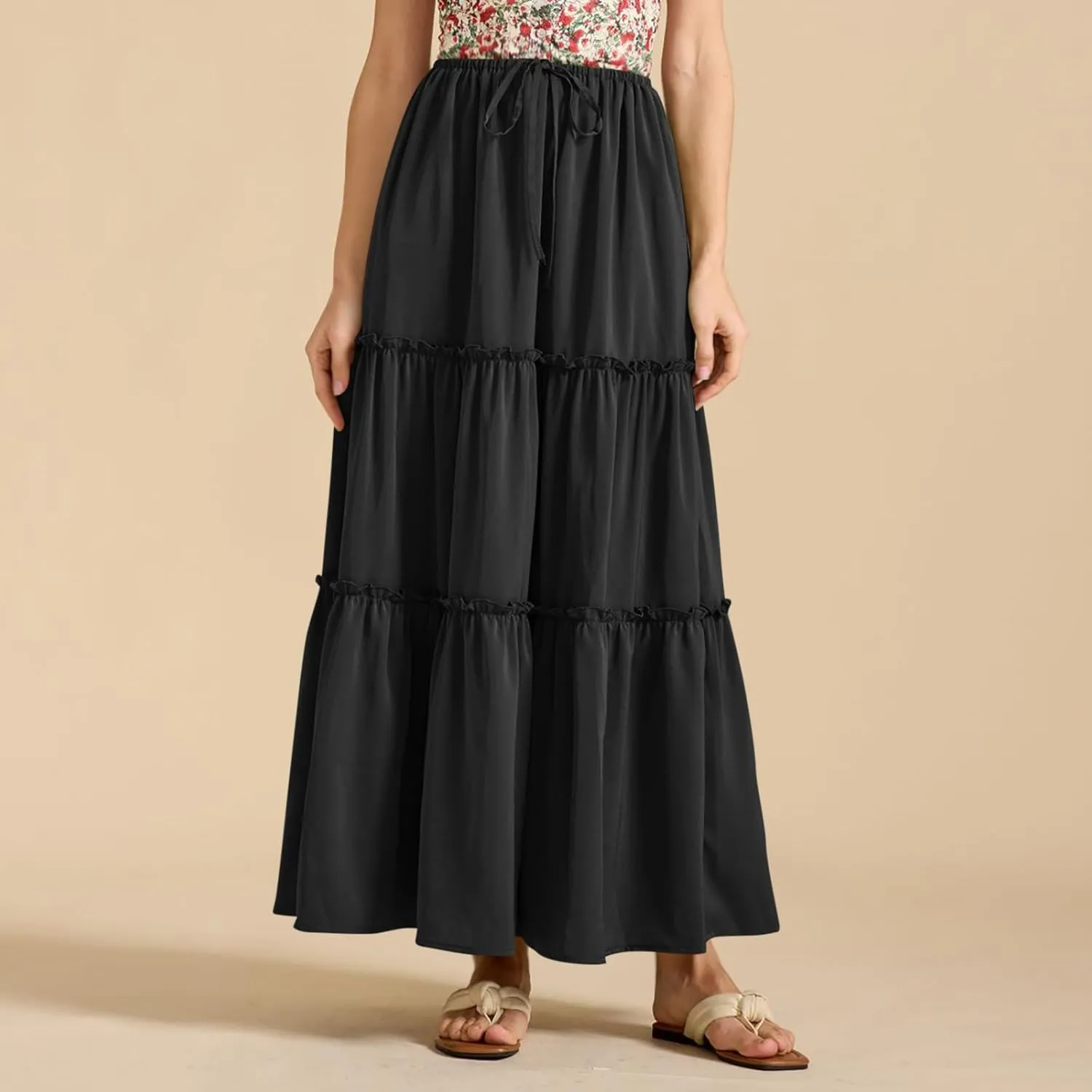 Summer Skirts for Women Elegant Smocked Layered Tiered Maxi Skirt Flowy High Waisted A Line Long Dress