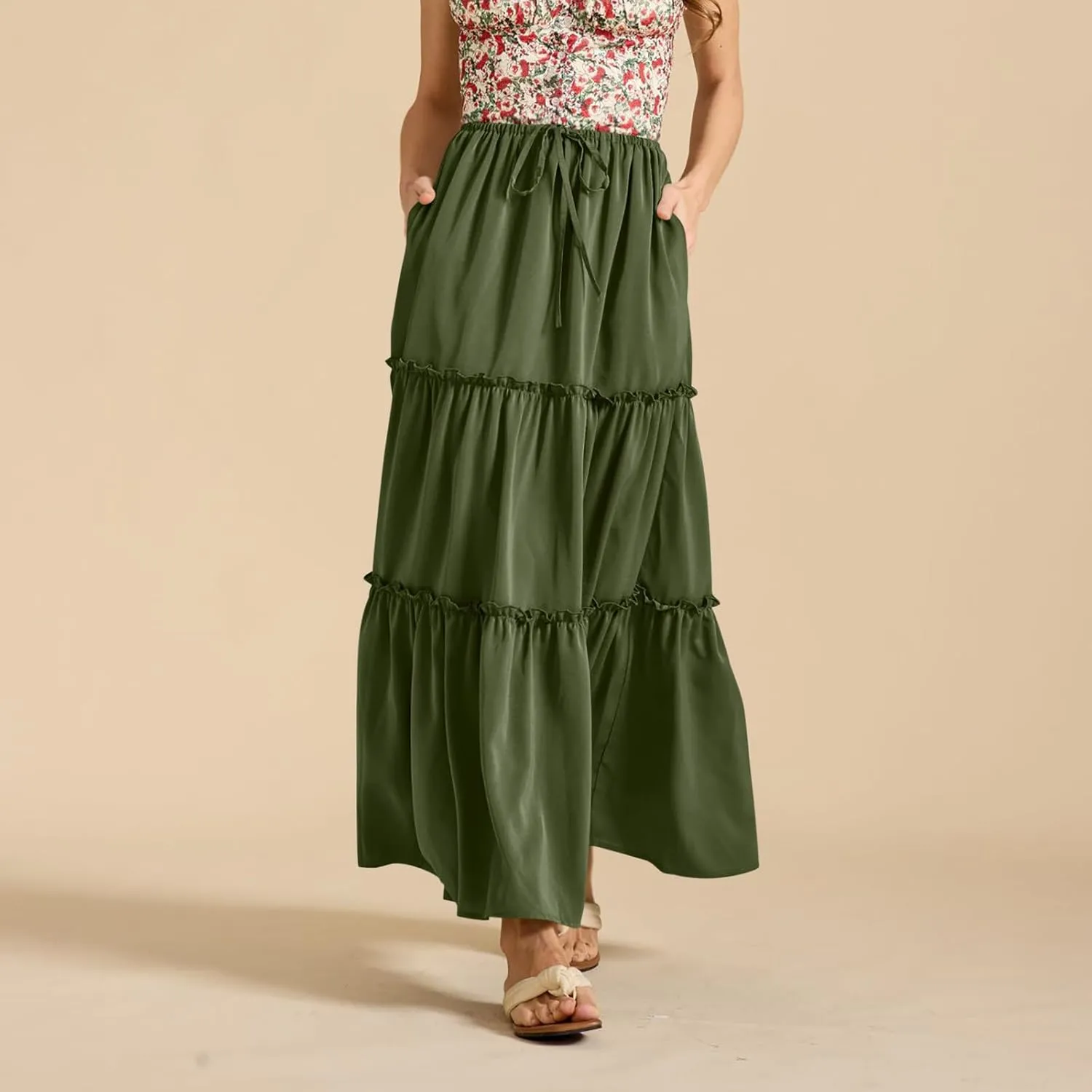 Summer Skirts for Women Elegant Smocked Layered Tiered Maxi Skirt Flowy High Waisted A Line Long Dress
