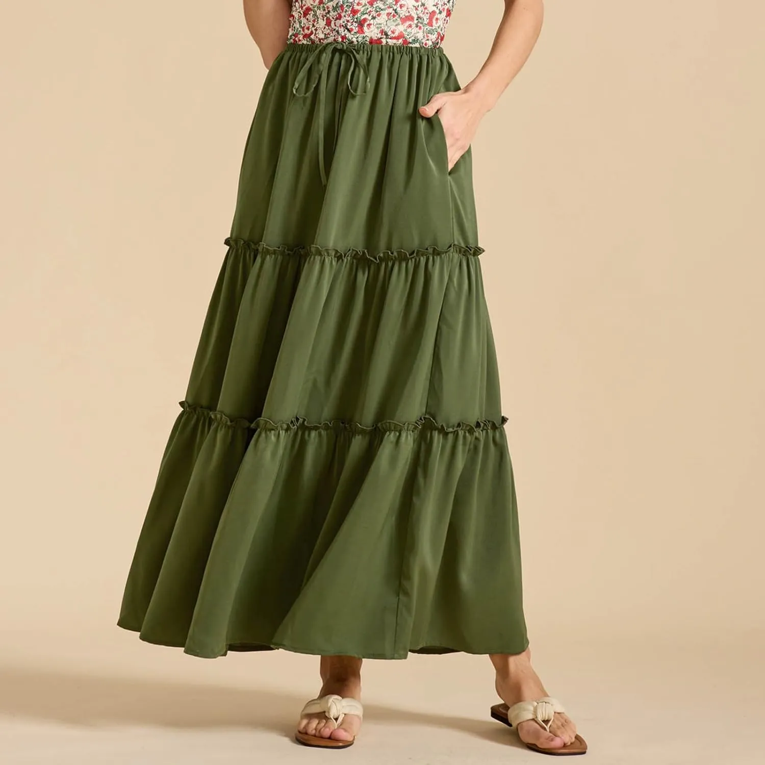 Summer Skirts for Women Elegant Smocked Layered Tiered Maxi Skirt Flowy High Waisted A Line Long Dress