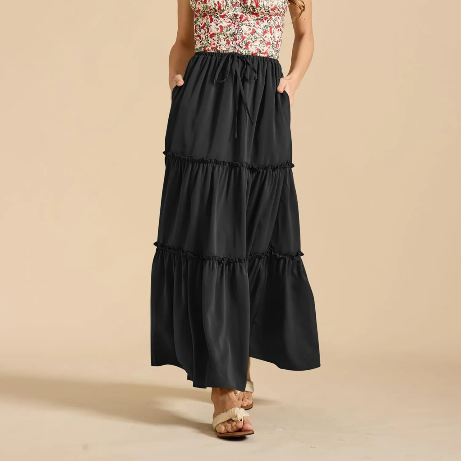Summer Skirts for Women Elegant Smocked Layered Tiered Maxi Skirt Flowy High Waisted A Line Long Dress