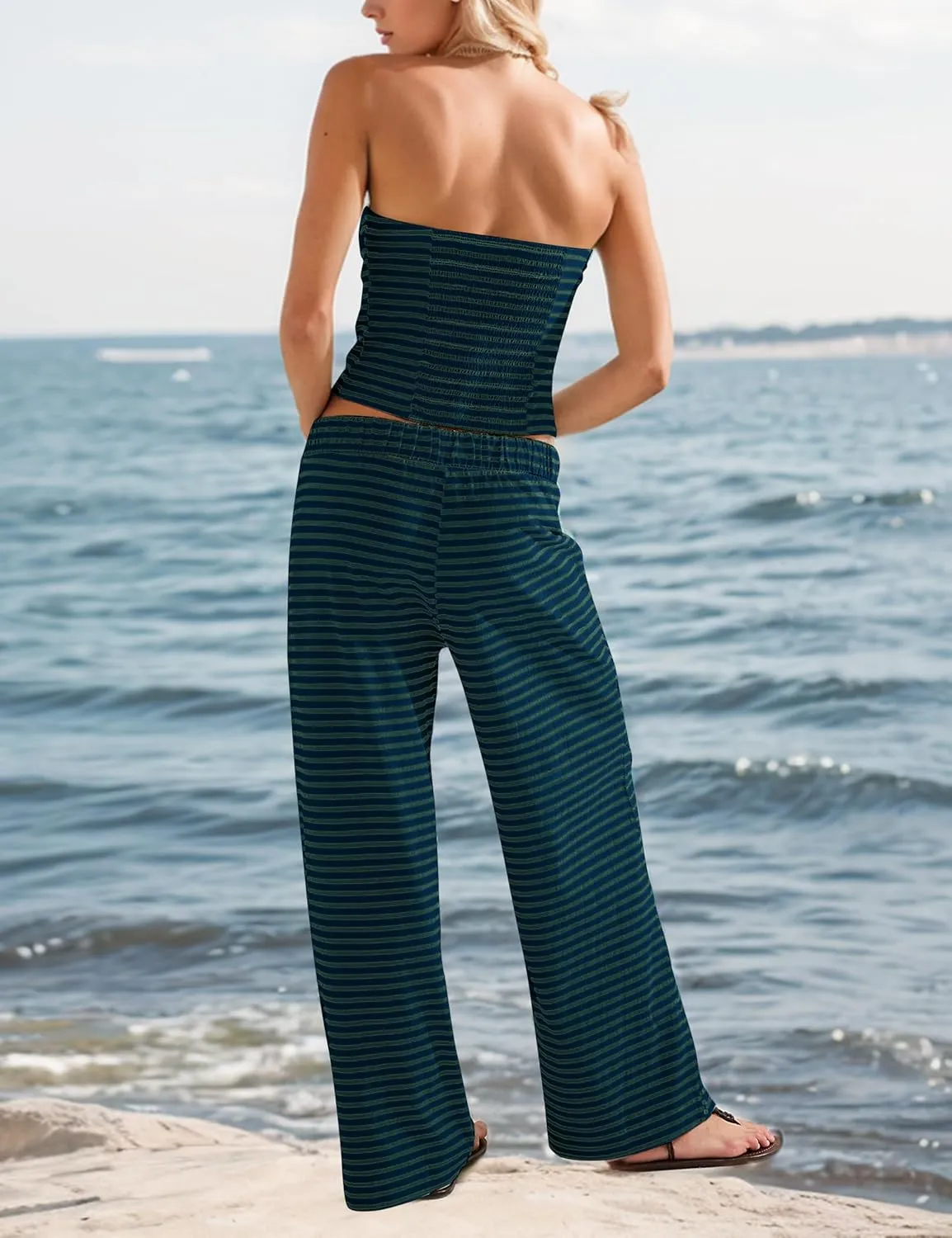 Summer Striped 2 Piece Lounge Sets For Women Casual Strapless Crop Tube Tops Wide Leg Pants Sets Matching Pajama Sets