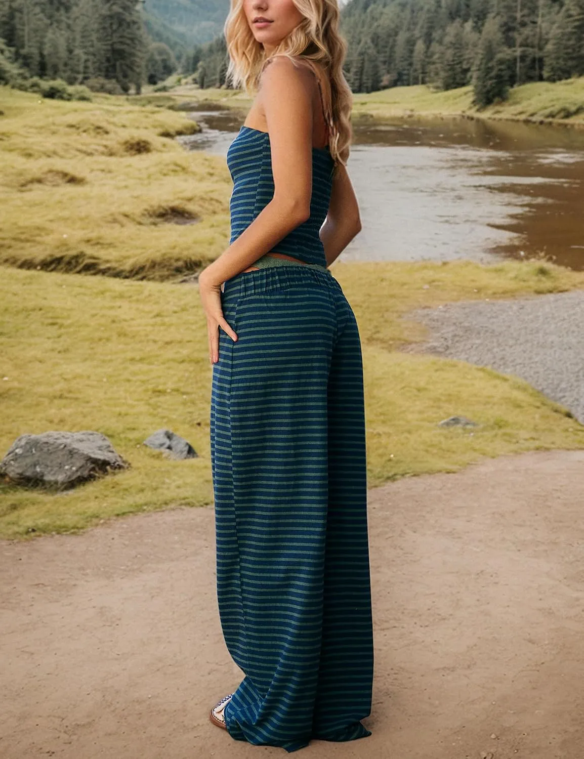 Summer Striped 2 Piece Lounge Sets For Women Casual Strapless Crop Tube Tops Wide Leg Pants Sets Matching Pajama Sets