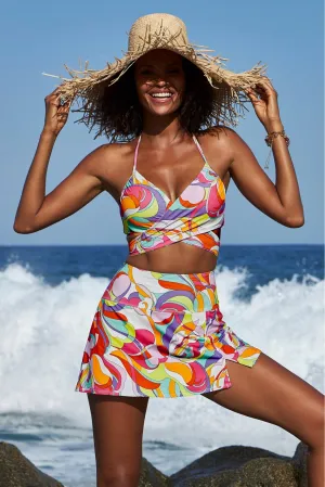 Swim Sense Sunset Waves Printed High Waist Skirted Bottom Multi