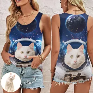 Tank Tops with Cat Photo Spaceman Women's All Over Print Tank Top with Custom Face for Her