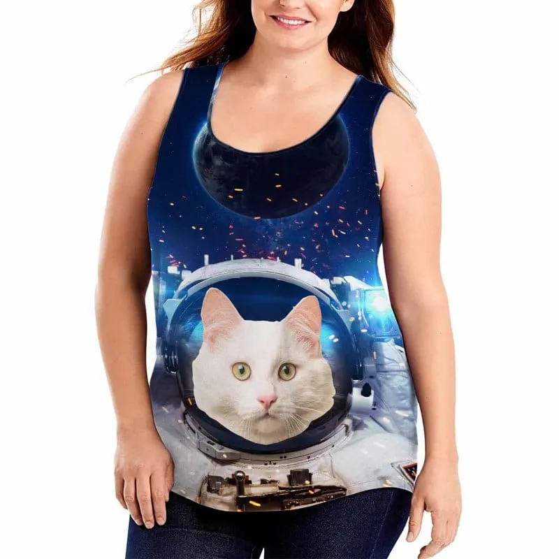 Tank Tops with Cat Photo Spaceman Women's All Over Print Tank Top with Custom Face for Her