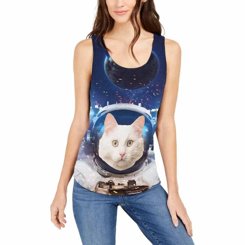 Tank Tops with Cat Photo Spaceman Women's All Over Print Tank Top with Custom Face for Her