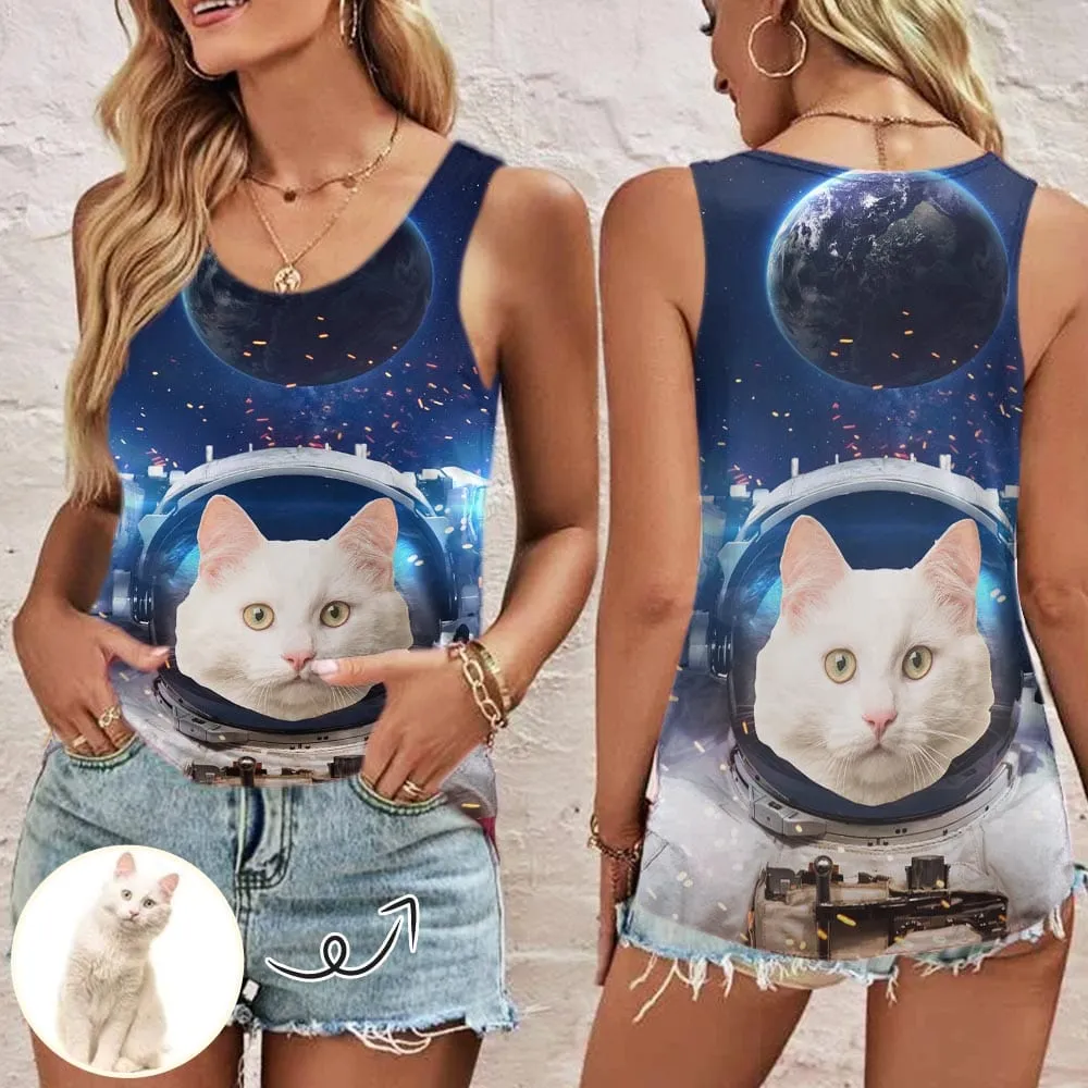 Tank Tops with Cat Photo Spaceman Women's All Over Print Tank Top with Custom Face for Her