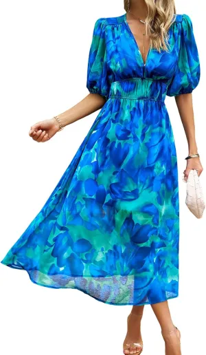 UONBOX Women's V Neck Floral Dress Summer 2025 Trendy Pleated Boho Flowy Puff Sleeve Maxi Dress
