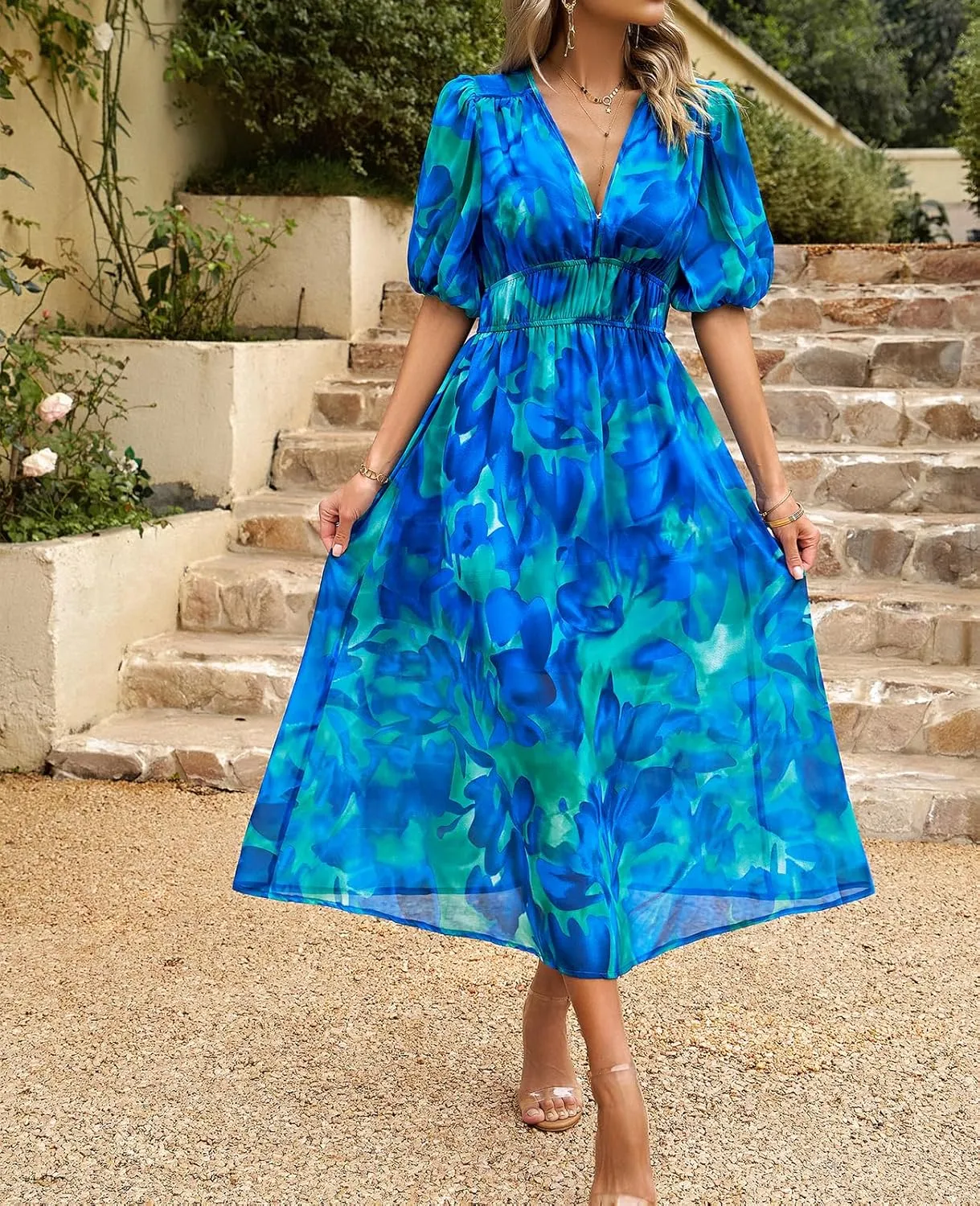 UONBOX Women's V Neck Floral Dress Summer 2025 Trendy Pleated Boho Flowy Puff Sleeve Maxi Dress