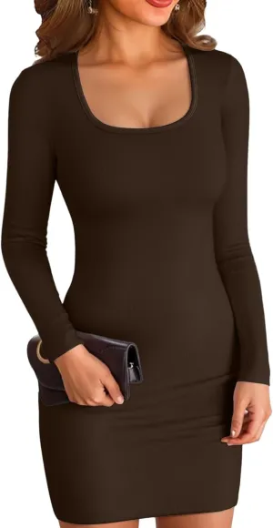 VICHYIE Women Square Neck Ribbed Bodycon Tight Dress Long Sleeve Mid Thigh Pencil Above Knee Dresses