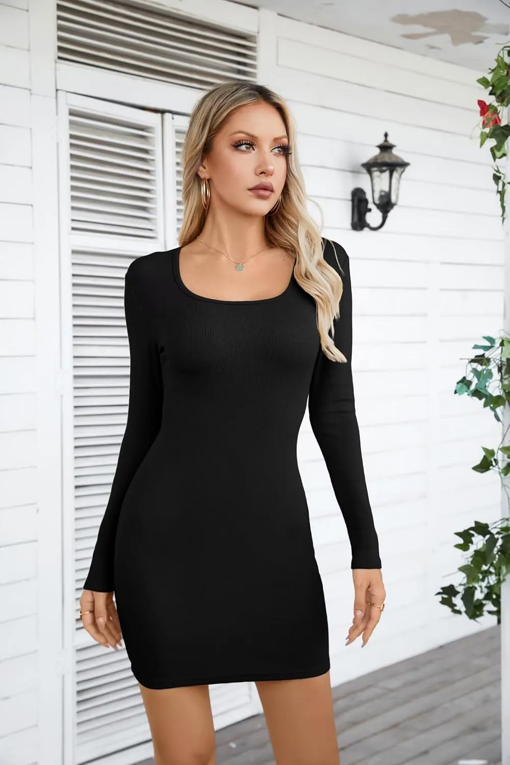 VICHYIE Women Square Neck Ribbed Bodycon Tight Dress Long Sleeve Mid Thigh Pencil Above Knee Dresses