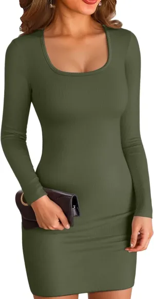 VICHYIE Women Square Neck Ribbed Bodycon Tight Dress Long Sleeve Mid Thigh Pencil Above Knee Dresses