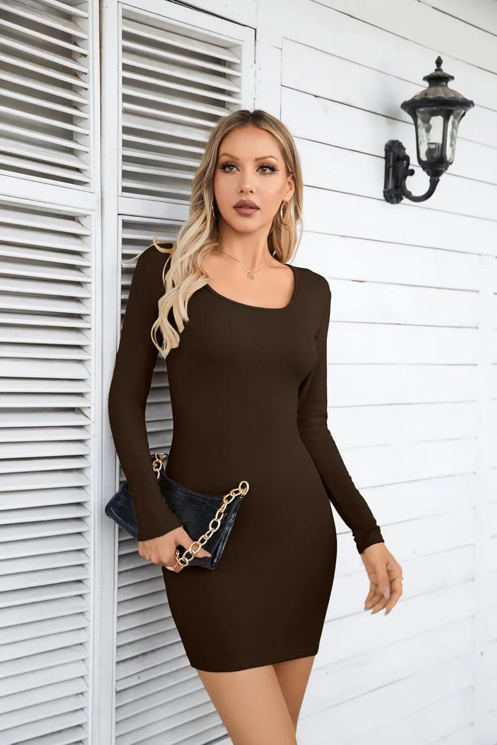 VICHYIE Women Square Neck Ribbed Bodycon Tight Dress Long Sleeve Mid Thigh Pencil Above Knee Dresses