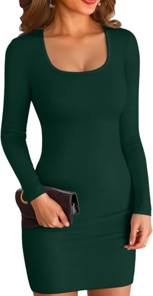 VICHYIE Women Square Neck Ribbed Bodycon Tight Dress Long Sleeve Mid Thigh Pencil Above Knee Dresses