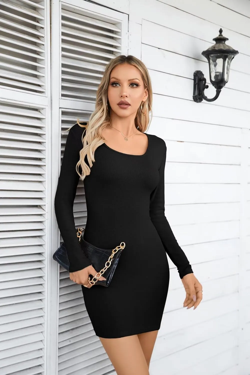 VICHYIE Women Square Neck Ribbed Bodycon Tight Dress Long Sleeve Mid Thigh Pencil Above Knee Dresses