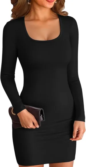 VICHYIE Women Square Neck Ribbed Bodycon Tight Dress Long Sleeve Mid Thigh Pencil Above Knee Dresses