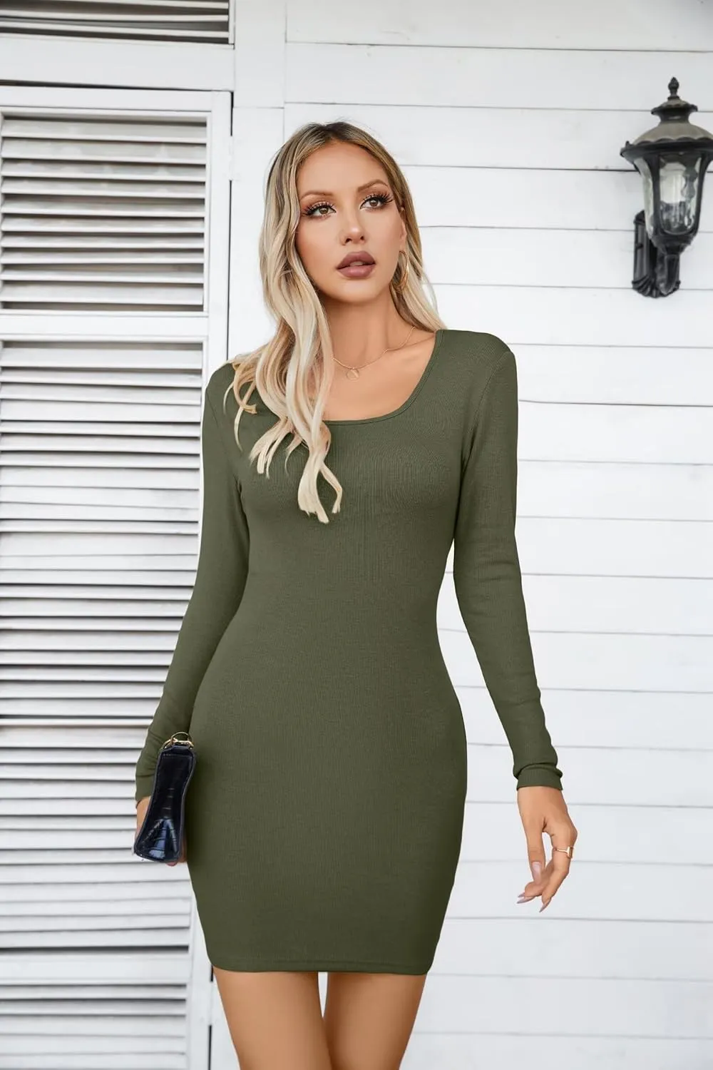 VICHYIE Women Square Neck Ribbed Bodycon Tight Dress Long Sleeve Mid Thigh Pencil Above Knee Dresses