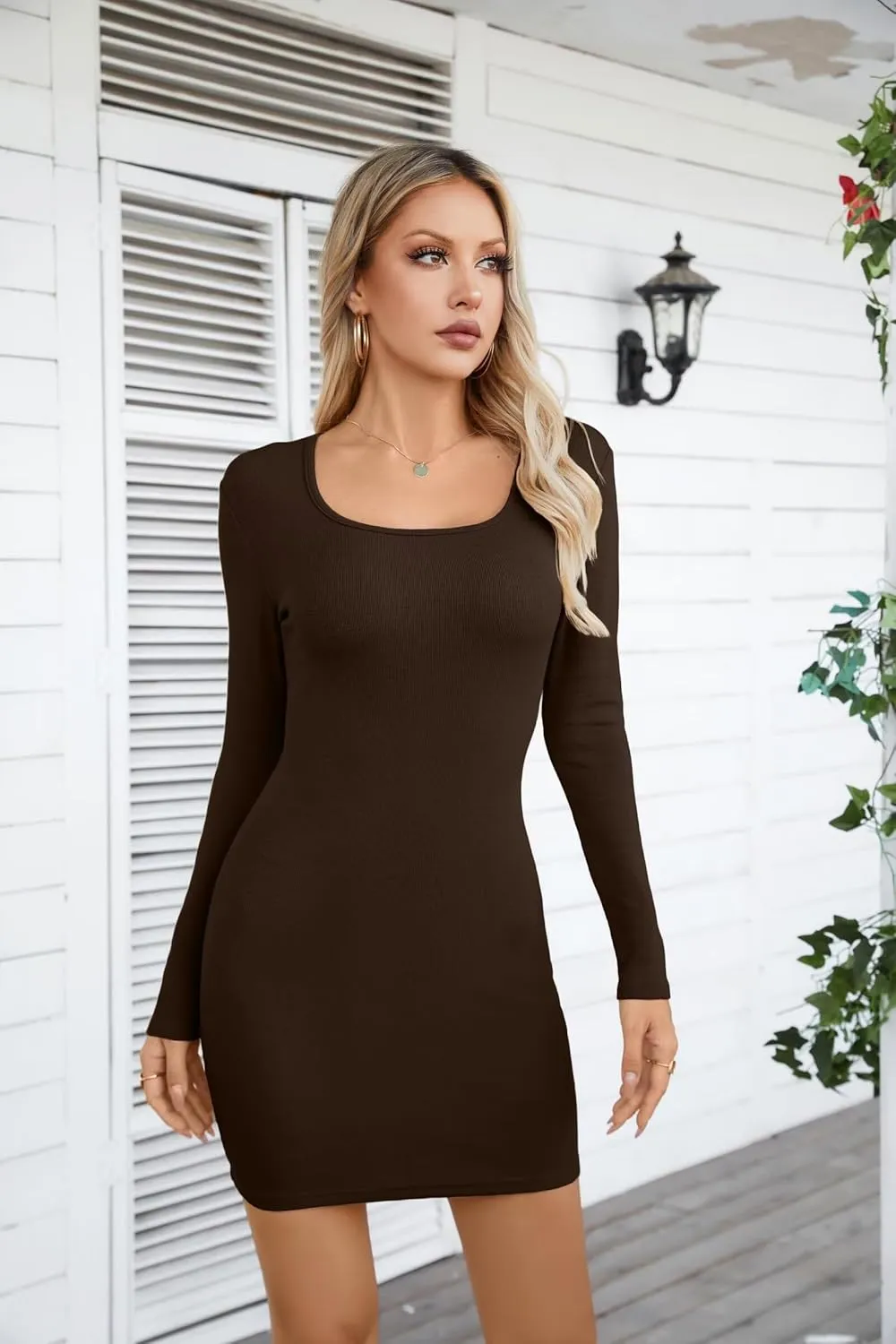 VICHYIE Women Square Neck Ribbed Bodycon Tight Dress Long Sleeve Mid Thigh Pencil Above Knee Dresses