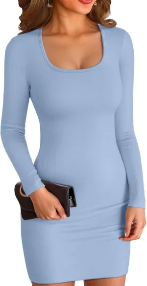 VICHYIE Women Square Neck Ribbed Bodycon Tight Dress Long Sleeve Mid Thigh Pencil Above Knee Dresses