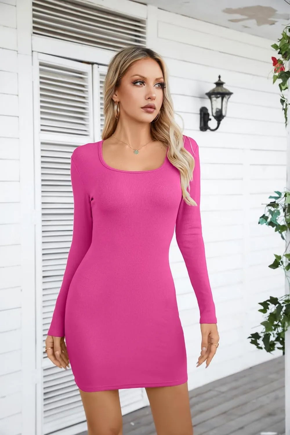 VICHYIE Women Square Neck Ribbed Bodycon Tight Dress Long Sleeve Mid Thigh Pencil Above Knee Dresses