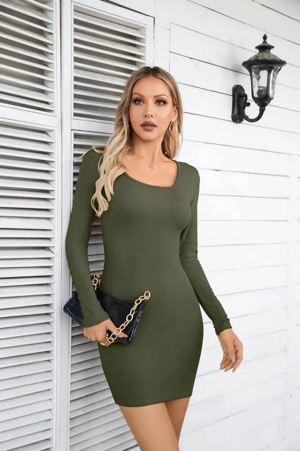 VICHYIE Women Square Neck Ribbed Bodycon Tight Dress Long Sleeve Mid Thigh Pencil Above Knee Dresses