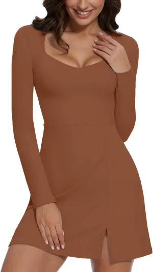 Wenlia Long Sleeve Dresses for Women 2025 Fall Women's Mini Bodycon Sweetheart Neckline Dress with Slit Built in Shorts