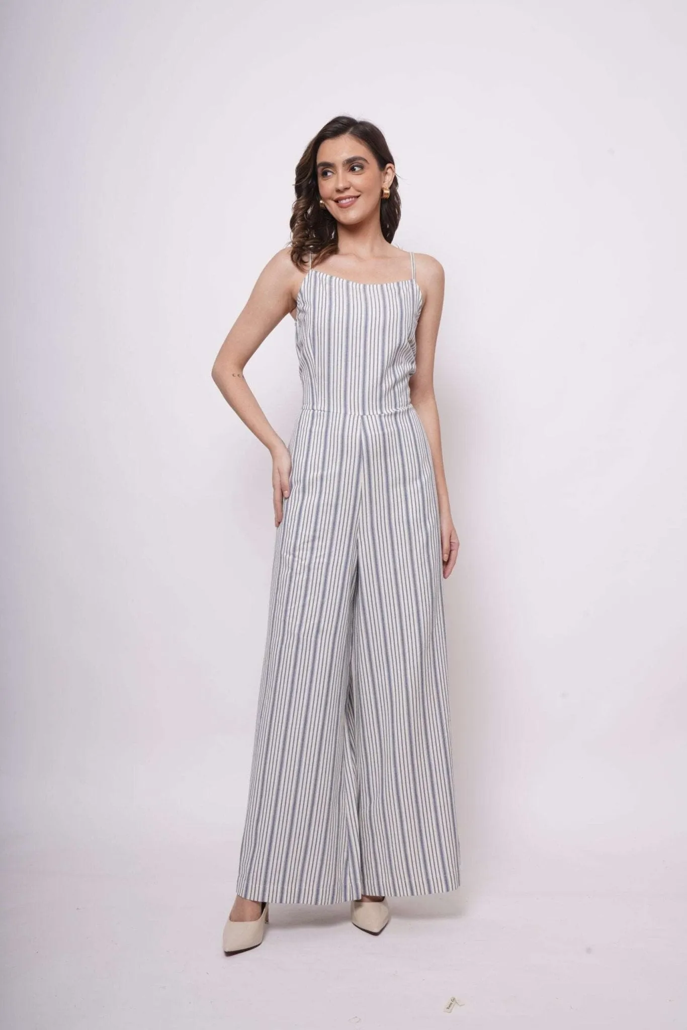 White and Blue Stripe Sleeveless Strappy Jumpsuit