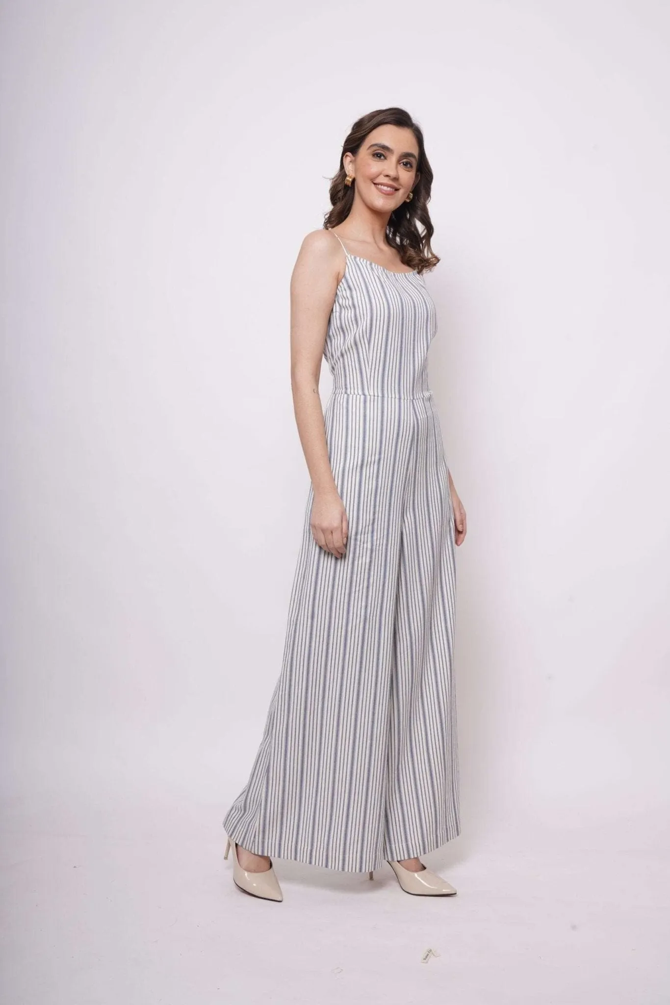 White and Blue Stripe Sleeveless Strappy Jumpsuit