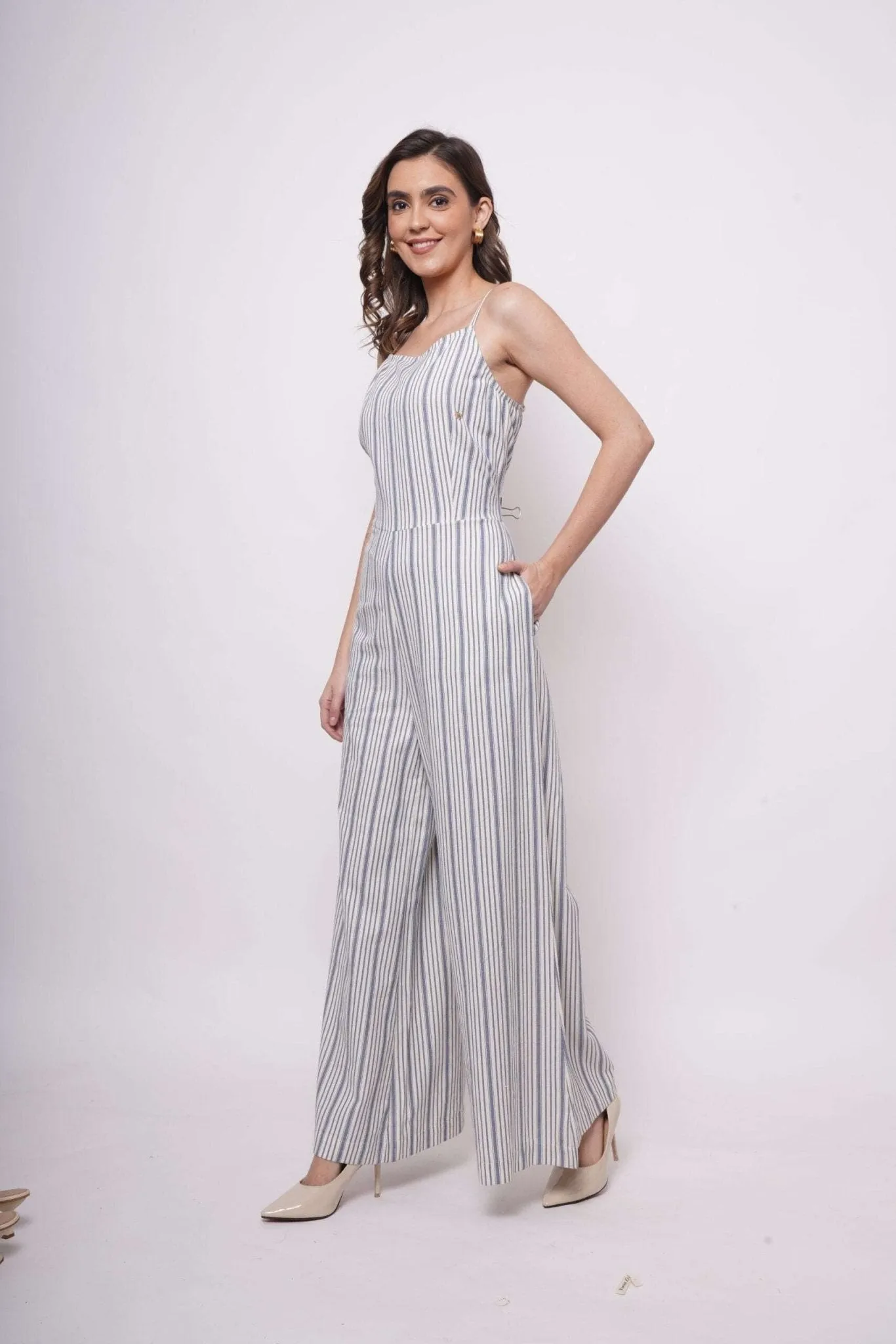White and Blue Stripe Sleeveless Strappy Jumpsuit