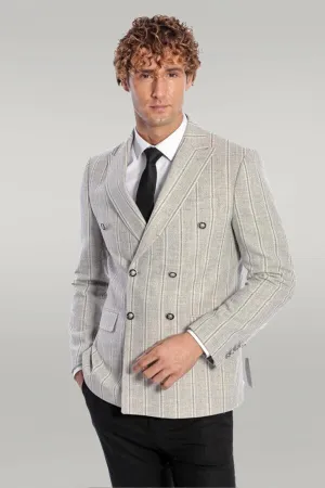 Wide Lapel Striped Double Breasted Grey Men Blazer - Wessi